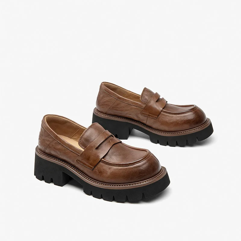 Maxy BEAUTODAY Platform Loafers Women Embossing Cow Leather Dress Shoes  Ladies Slip-on Flats Spring Autumn Handmade 26635