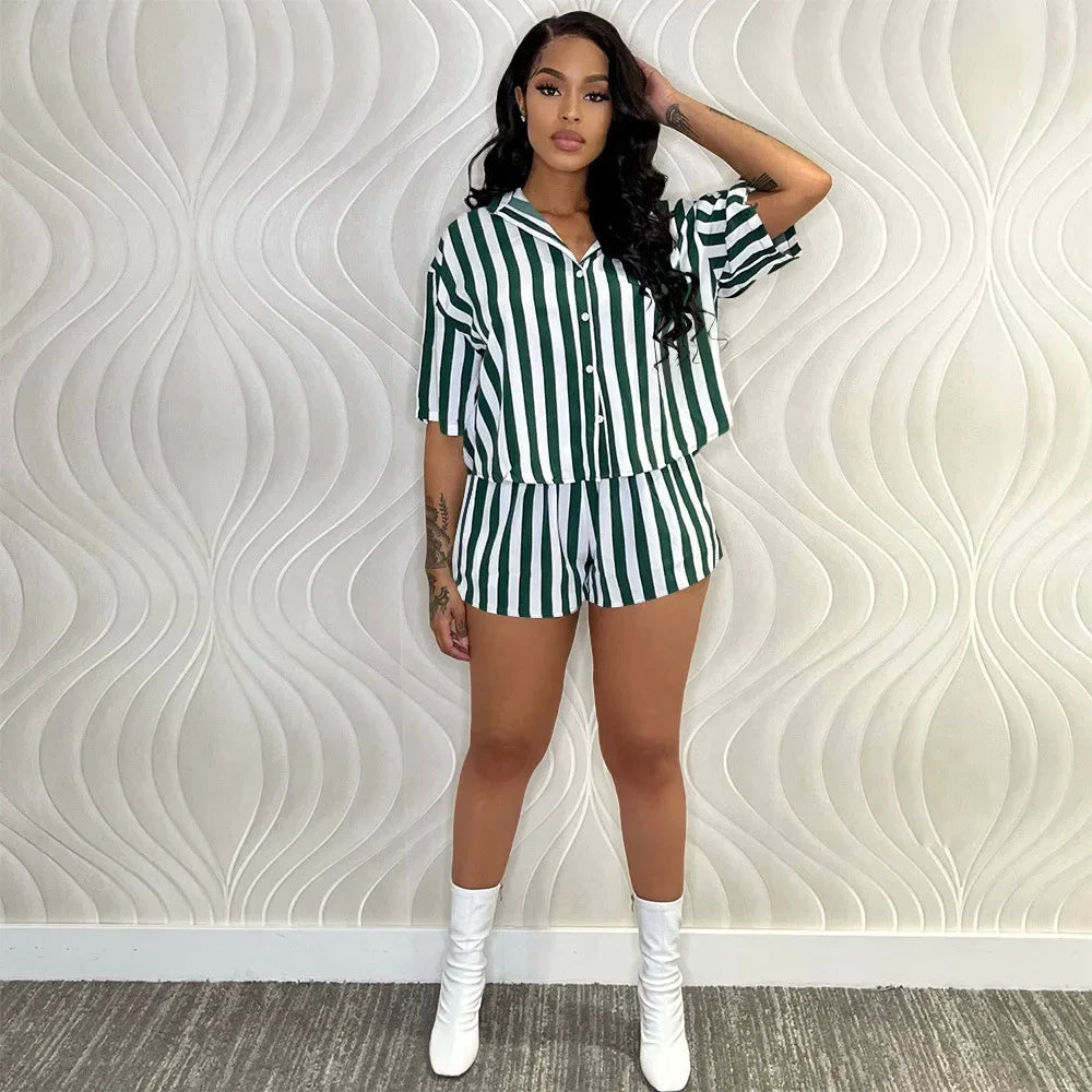 Maxy Summer Fashion Sporting Women set Striped Print Button Shirt Top Skinny Shorts Suit Two Piece Set Elegant Tracksuits