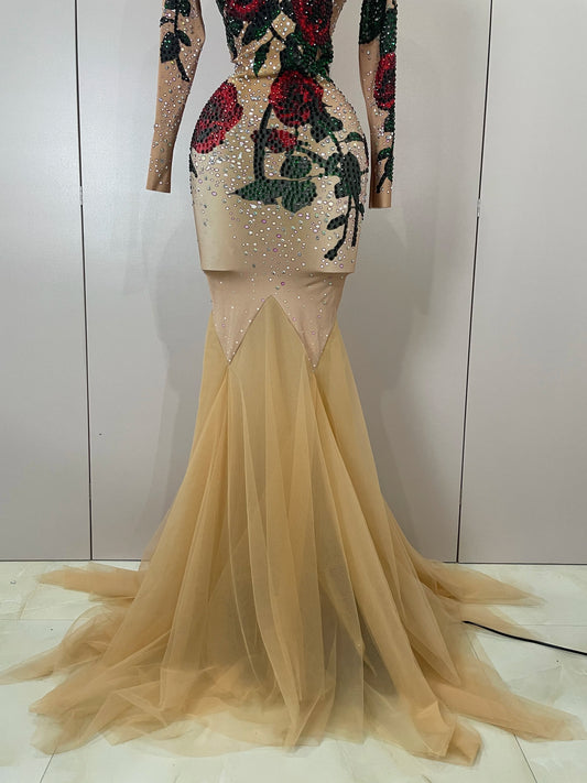 Maxy Sexy Shiny Rhinestone Rose Floral Floor-Length Dress Evening Women Eveing Celebrate Birthday Party Nightclub Performance Costume