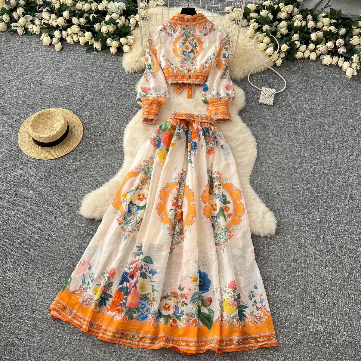 Maxy Elegant Floral Dress 2 Piece Skirt Sets Women Summer Autumn Palace Crop Top Print Shirt A Line Long Skirts Beach Outfit