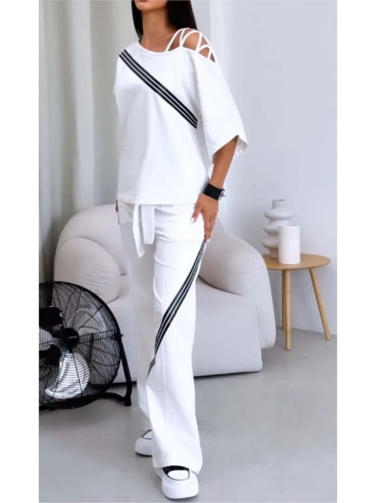 Maxy Spring Summer Women Fashion Two Pieces Sets New Off-the-shoulder Loose Short Sleeve Top And Pants Suits Outfits Clothing