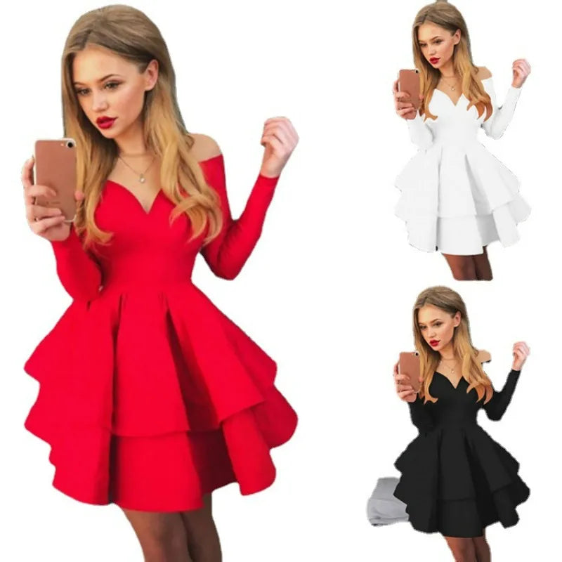 Maxy European American New Women's Cross-border Shoulder Dress Sexy and Elegant Deep V-neck Long-sleeved Princess Evening Dresses