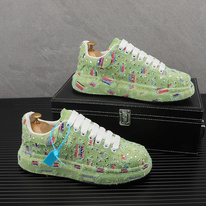 Visco European Rhinestone Thick Soled Casual Sport Shoes Men's Spring Summer Fashion Luxury Sneakers Youth Male Flats Outdoor Derby