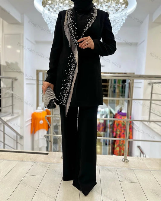 Maxy Luxury Crystal Black Women Suit Pants Set 2-Pieces Blazer+Trousers Beading Coat Formal Office Lady Jacket Tailored