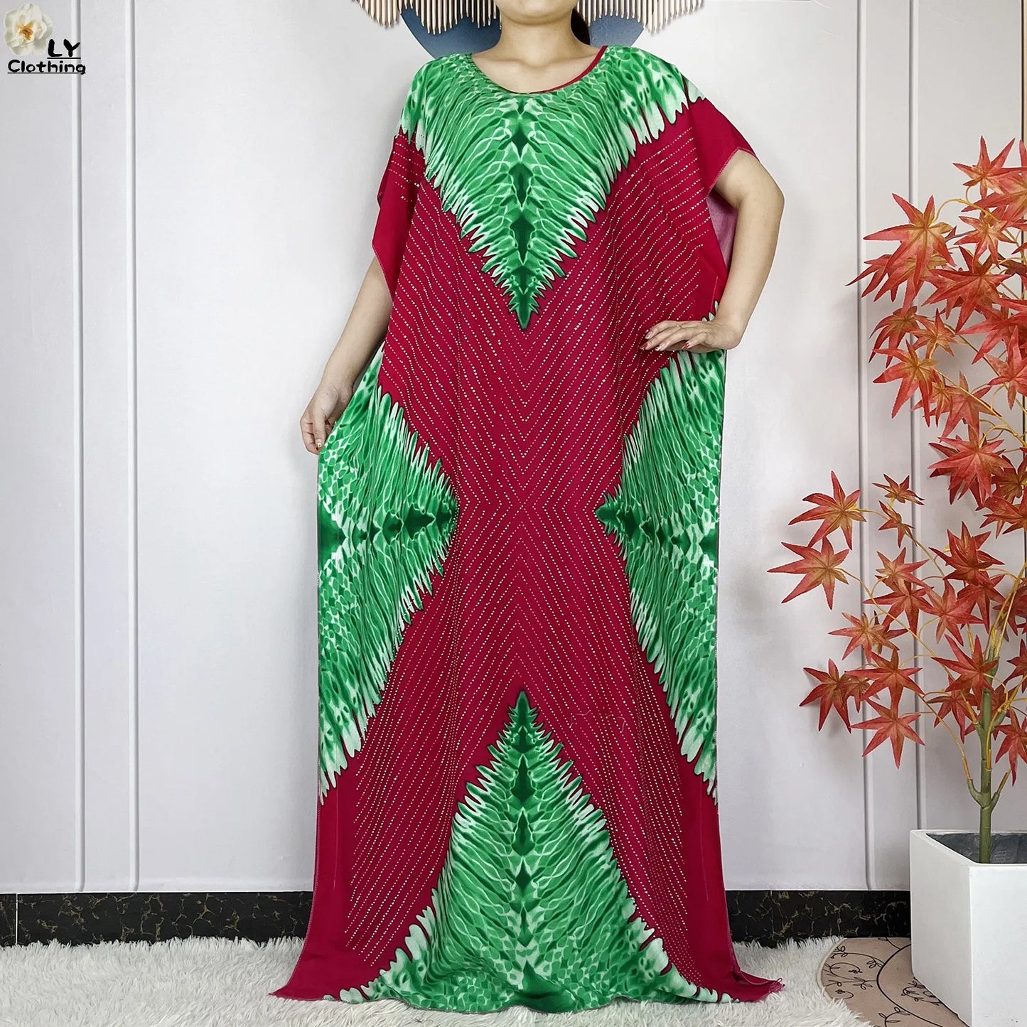 Maxy New Muslim Women Dashiki Printed Dress Flower Diamonds Loose Dress With Big Scarf Islamic African Women Short Sleeve Abaya