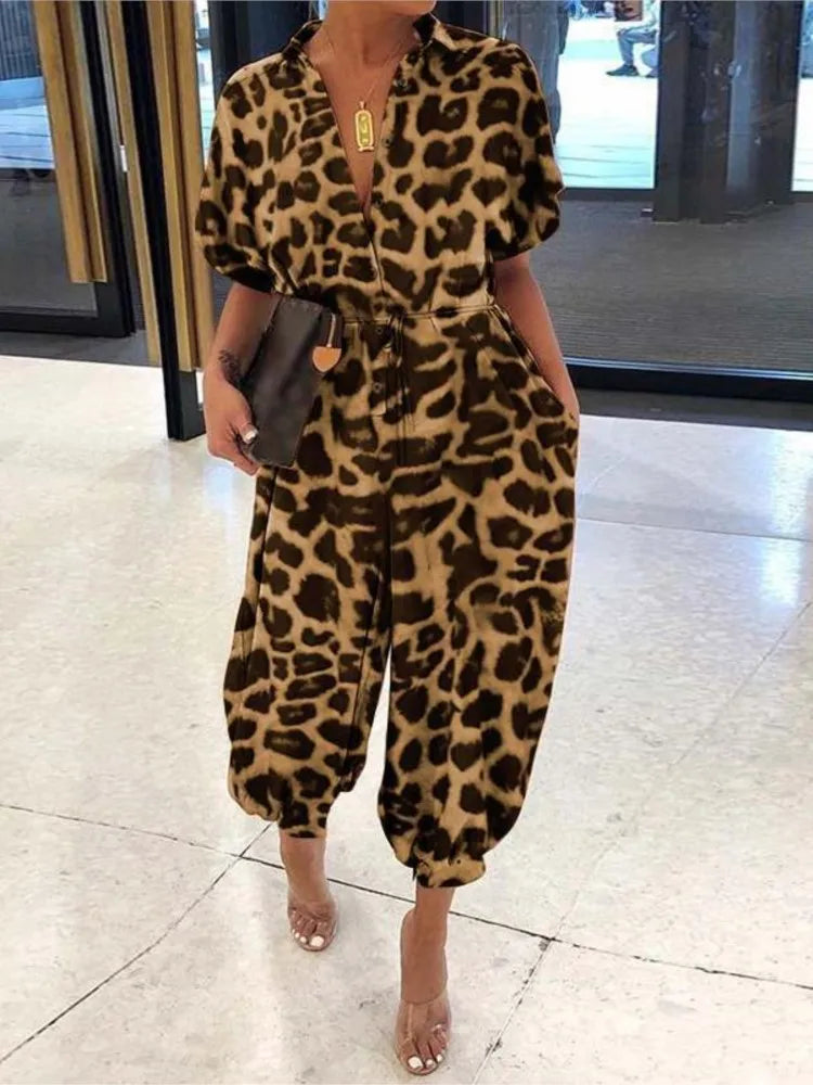 Amay Summer Fashion V-Neck Button Lace-Up Jumpsuit Short Sleeve Loose Playsuit Overalls Women Elegant Leopard Print Pocket Rompers