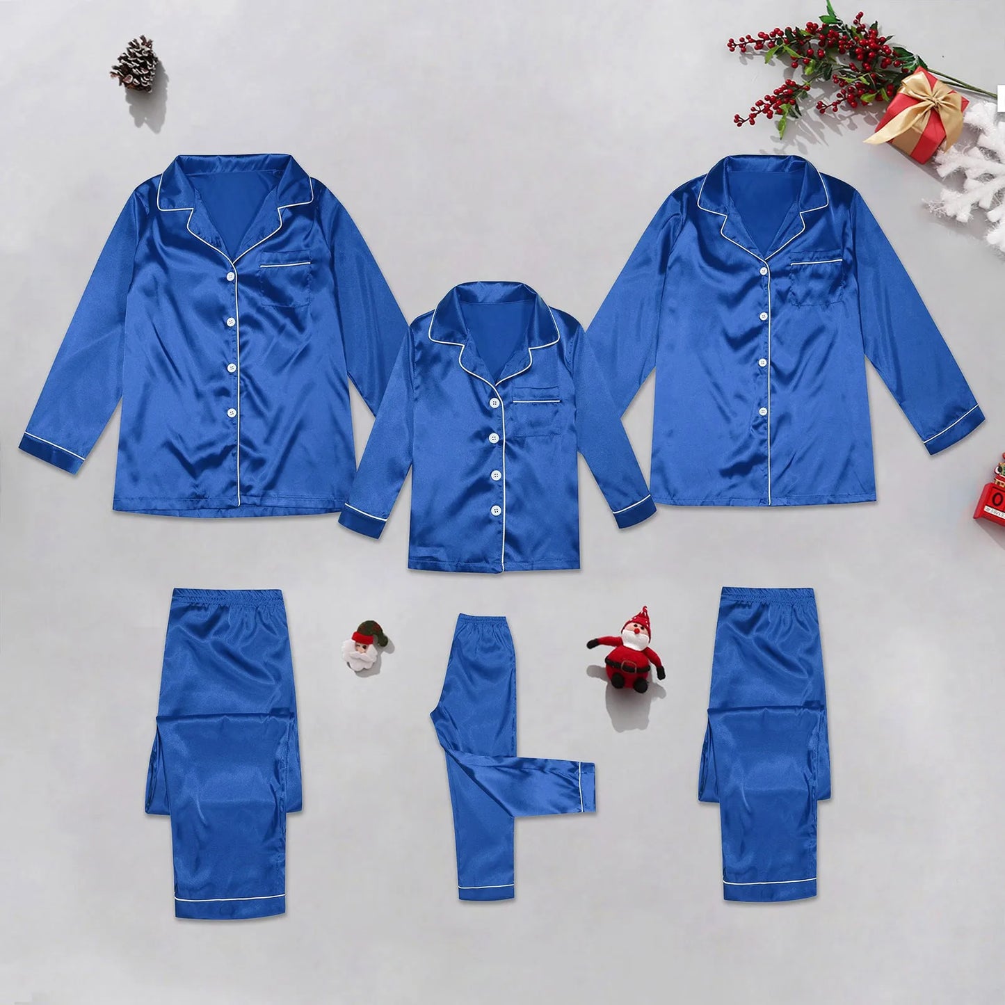 Christmas Home Women'S Silk Pajama Autumn 2 Piece Plus Size Family Matching Outfits Long Sleeve Mother-Kids Blue Stitch Pajama