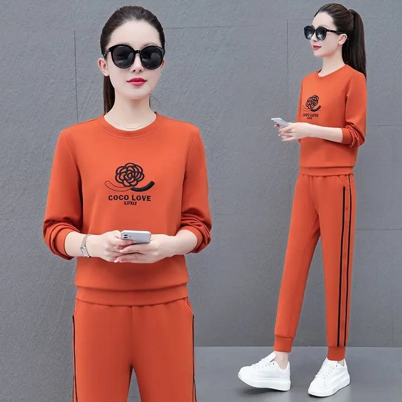 Zay Women's Round Necked Sports Suit Spring And Autumn New Fashion Korean Long Sleeve Crop Top And Pants 2 Two Piece Set For Women