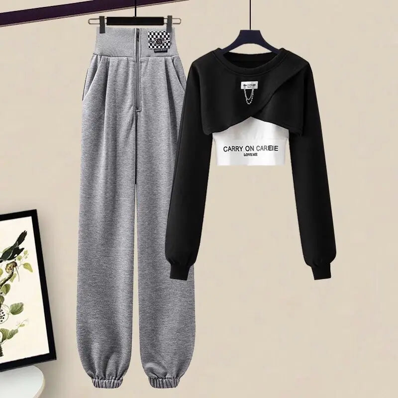 Maxy Korean Elegant Sportswear Suit Women's Spring Autumn Fashion Short Sweater+Suspenders+Pants Three Piece Female Tracksuit Set