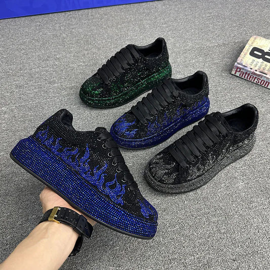 Maxy Luxury Designer Men's Glamour Blue Rhinestone Platform Prom Shoes Causal Flats Moccasins Male Rock Hip-hop Walking Sneakers