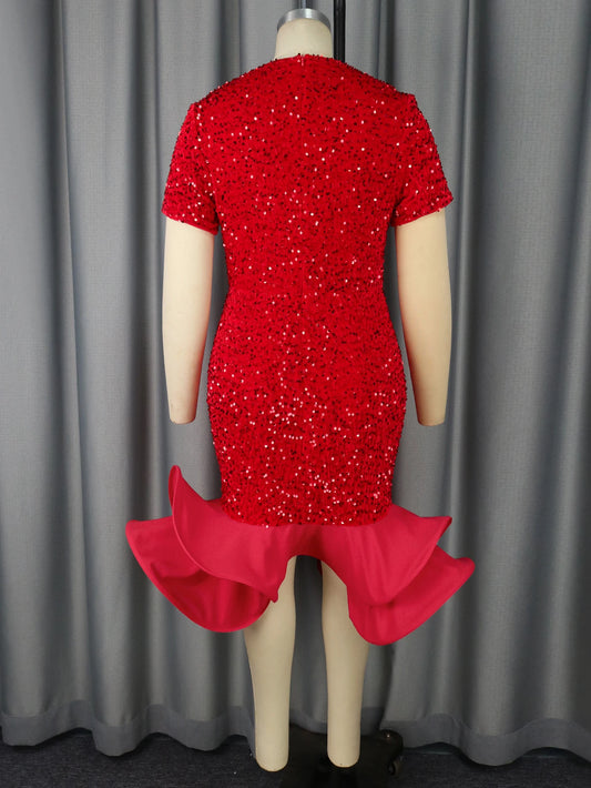 Red Sequins Ruffles Dresses Short Sleeve Cut Out V Neck High Waist Bodycon Package Hip Evening Birthday Banquets Women Outfits