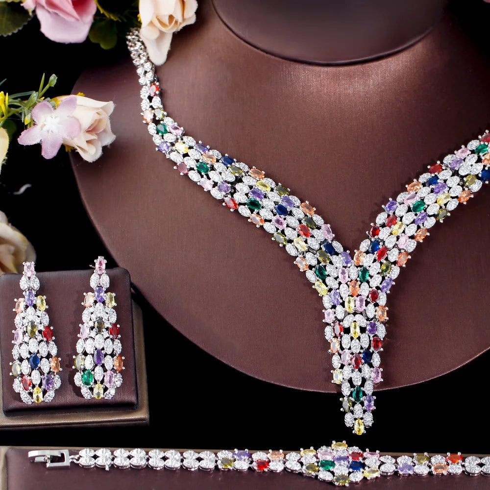 Maxy Heavy Cubic Zircon Stone Work Multicolor Big Necklace Arabic Dubai Bridal Jewelry Set Luxury Wedding Accessories