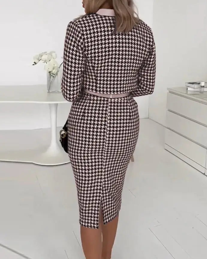 Maxy 3 Two Piece Set for Women Autumn Winter Spaghetti Top and Skirt Sets Elegant Office Houndstooth Print Dress With Coat Suit