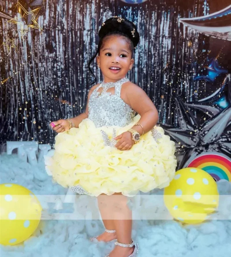 Maxy Customized Sleeveless Flower Girl Dresses for Wedding Crystals Pearls Ruffles Princess Girl Birthday Party First Communion Gown
