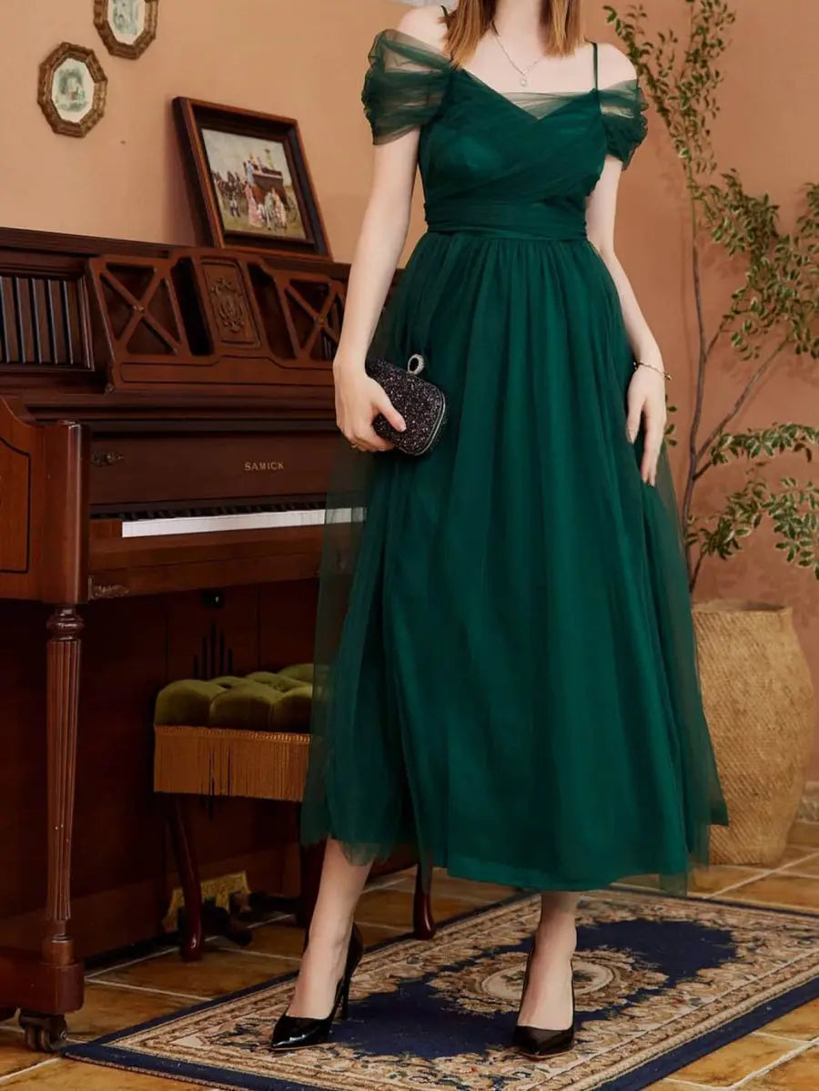 Maxy Women's Romantic Off Shoulder Ceremony Dresses Elegant Long Party Wedding Cocktail Bridesmaid Mesh Tulle Midi Wrap Gala Dress