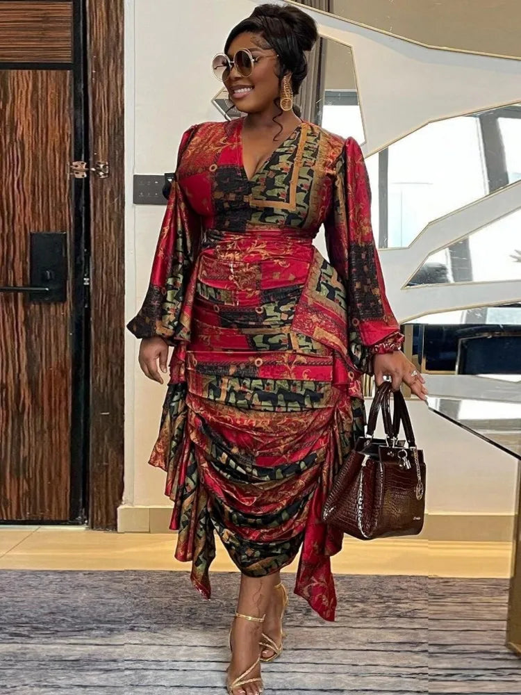 Maxy Dresses for Women Summer Autumn Africa Clothing Long Sleeve Ruched Dress Sexy V-Neck Slim Dress Office Lady Party