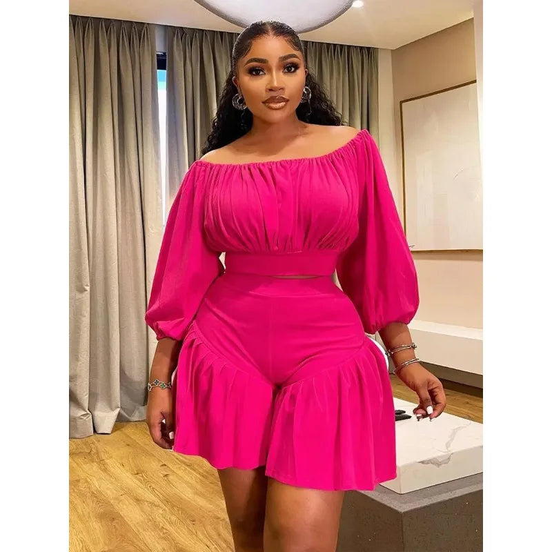 Maxy Customized Plus Size Women's Set Long Sleeve Slash Neck T-Shirt and Shorts 2025 Summer Ruched Two 2 Piece Set Outfits Tracksuit