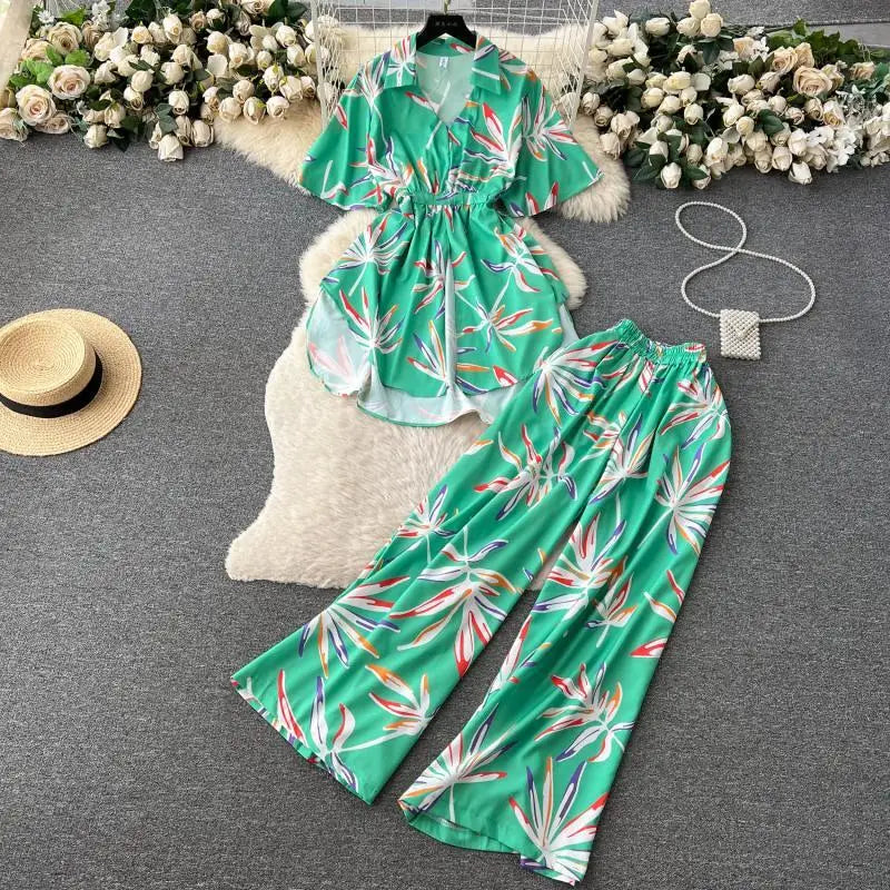 Maxy Fashion Floral Two Piece Set For Women Print Short Sleeve Lapel Tops+High Waist Wide Leg Pants 2 Pieces Sets Summer Suit