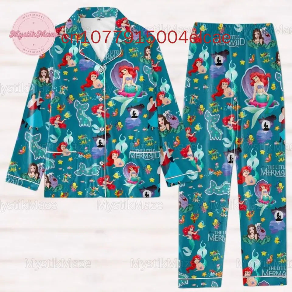 The Little Mermaid Christmas Pajamas Set Disney Princess Ariel Casual Y2K Men's and Women's Long sleeved Shirts Pajamas Set