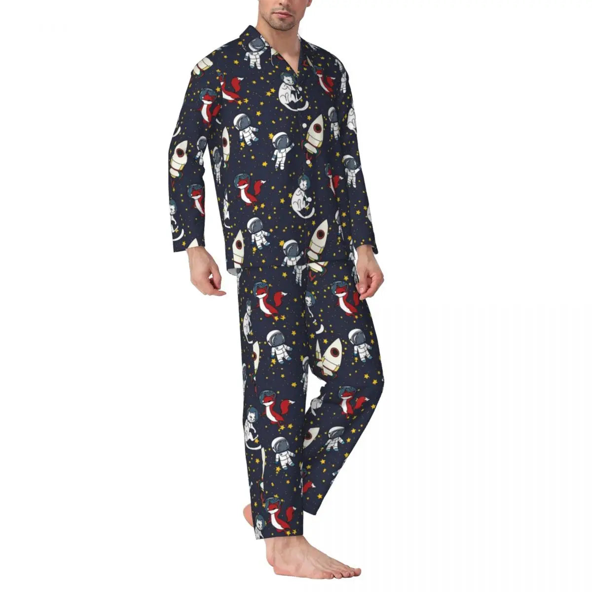 Maxy Cute Fox Print Pajama Sets Funny Christmas Kawaii Sleepwear Man Long Sleeve Loose Leisure 2 Pieces Nightwear Big Size XL 2XL