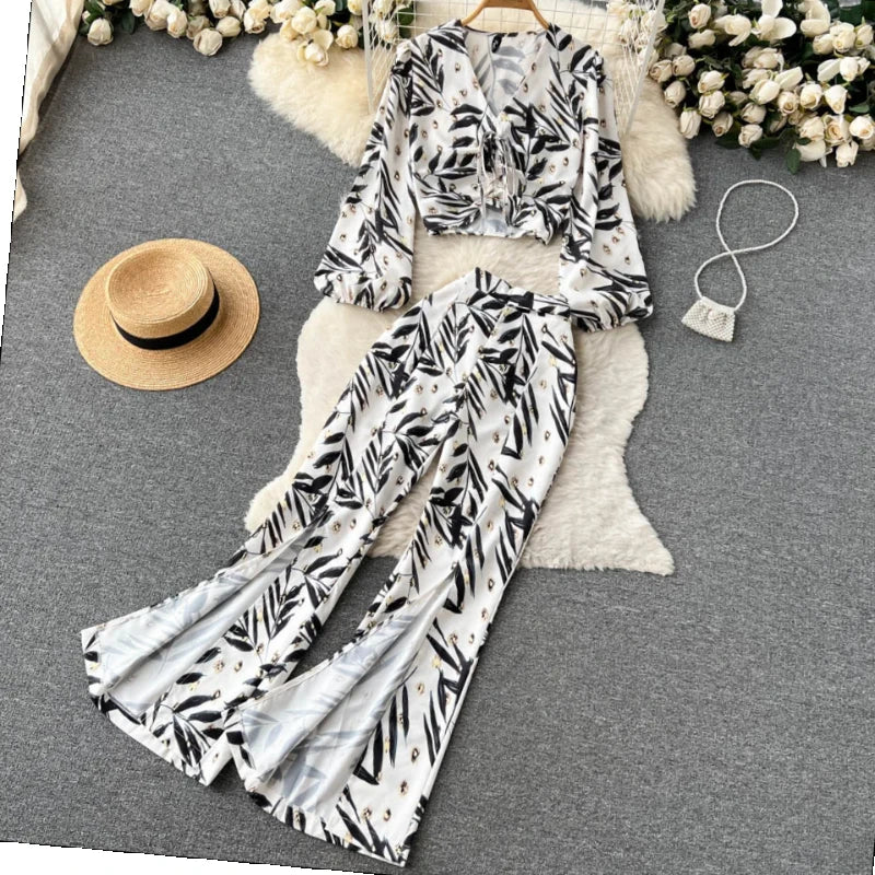 Maxy Summer Women Floral Printed Two Piece Set Sexy V Neck Lantern Sleeve Short Tops + Wide Leg Pants Suit Vacation Beach New