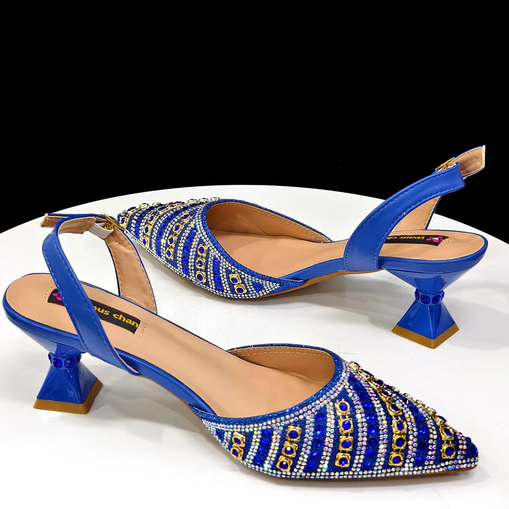 Maxy Summer New Design Specials Italian Women Shoes and Bag Set Blue Color Comfortable Low Heels With Rhinestone