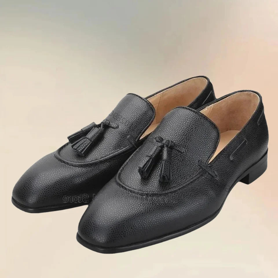 Amay Black Lychee Print Tassels Decor Square Toe Loafers Fashion Slip On Men Shoes Luxury Handmade Party Feast Office Men Dress Shoes