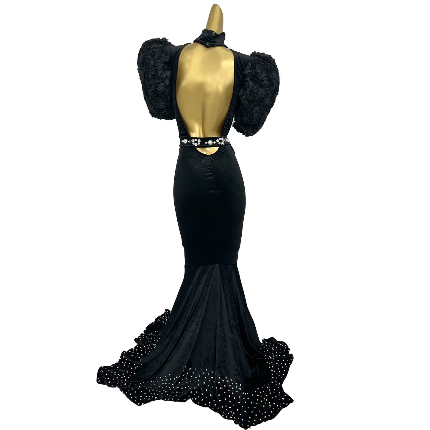 Maxy Women Velvet Backless Evening Dress Sparkling Rhinestone Pearls High-end Floor-length Dress Birthday Party Queen Couture Sirong