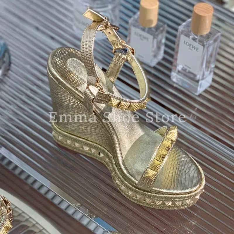 Visco Women's Summer Versatile Wedge Heel Dress Shoes Designer Buckle Platform Banquet High Heel Pumps Large Size Sandals