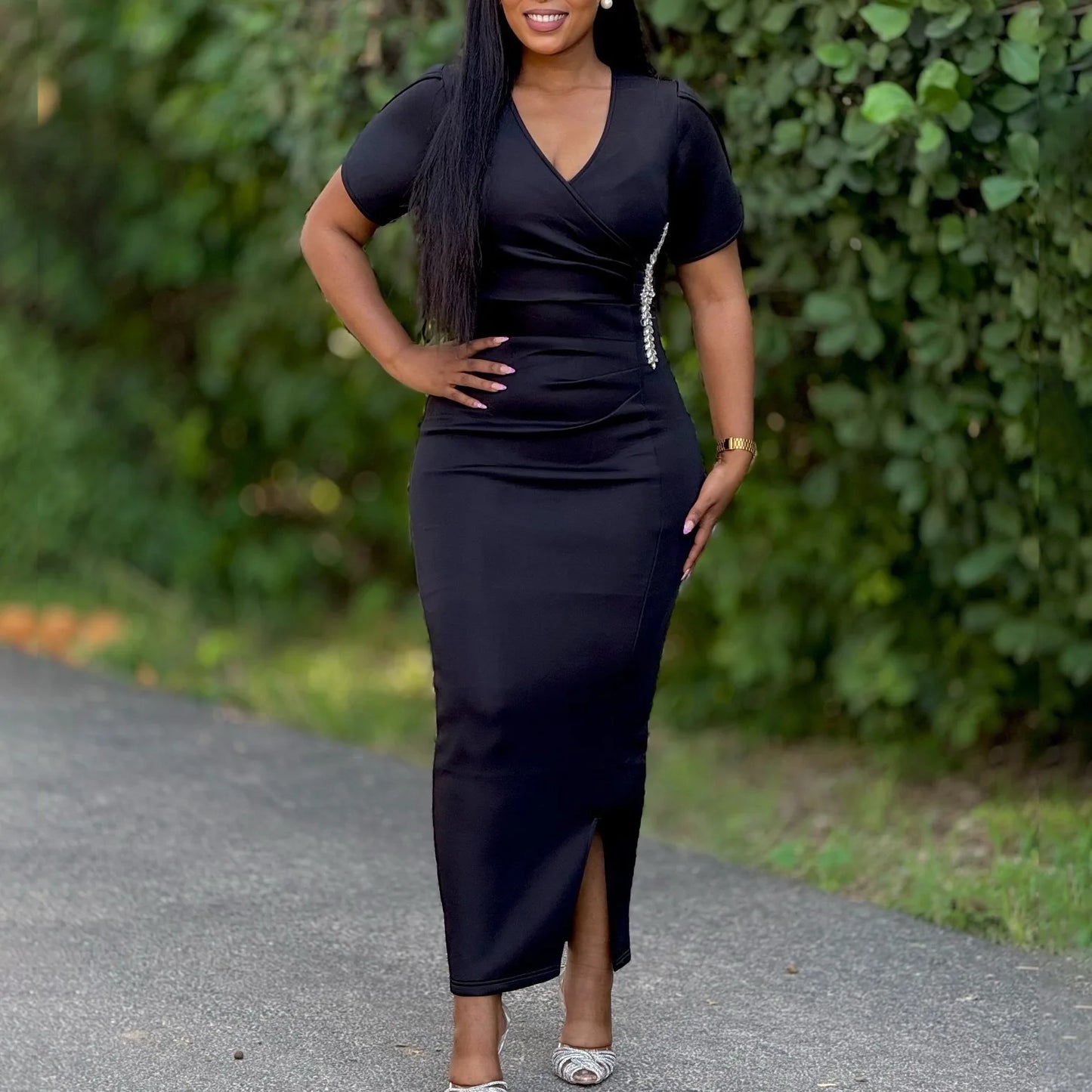 Maxy Elegant Dresses Woman Wedding Party Luxury Plus Size V Neck Short Sleeve Sheath Solid Ankle Length Fashion dress