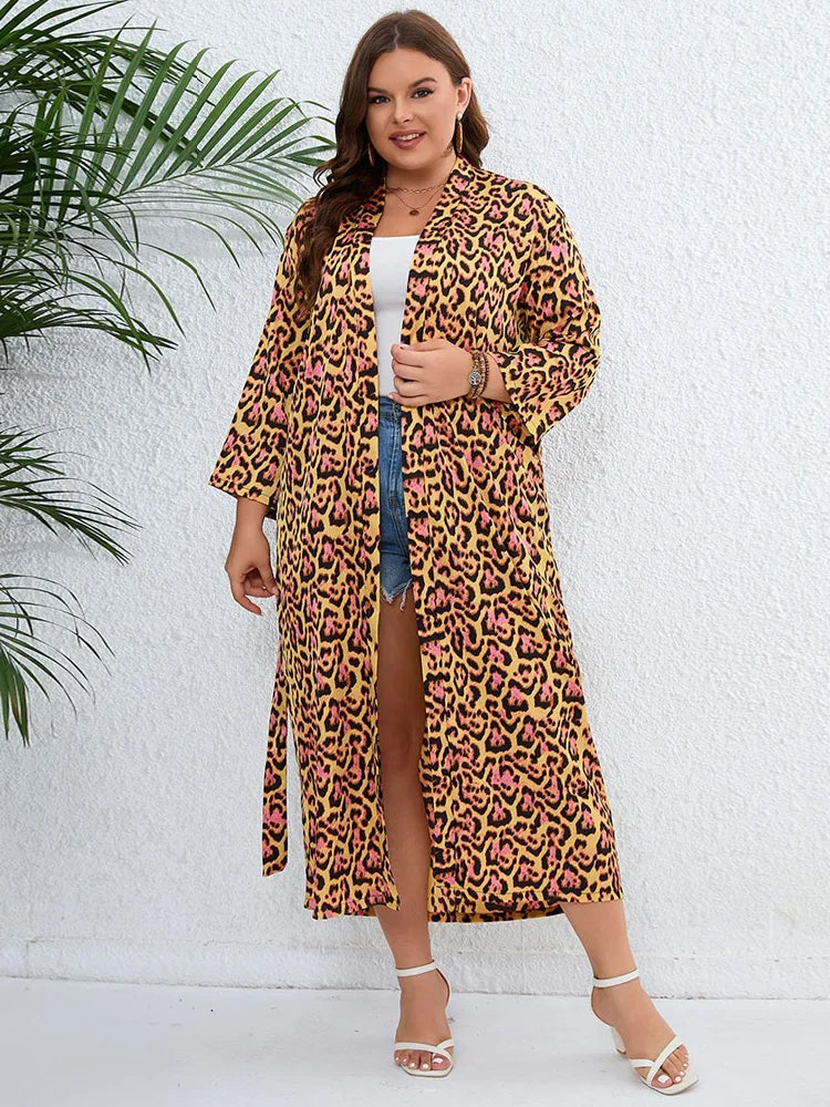 Amay Plus Size Leopard Print Belted Long Kimono Cardigan Women Open Front Long Sleeve Blouse Holiday Bohemian Beach Tunic Tops