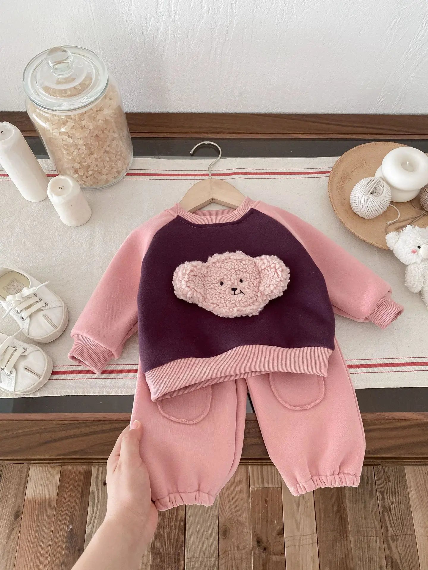 Maxy 2024 Winter New Baby Fleece Warm Clothes Set Infant Girls Bear Sweatshirt + Pants 2pcs Suit Plus Velvet Thick Boys Warm Outfits