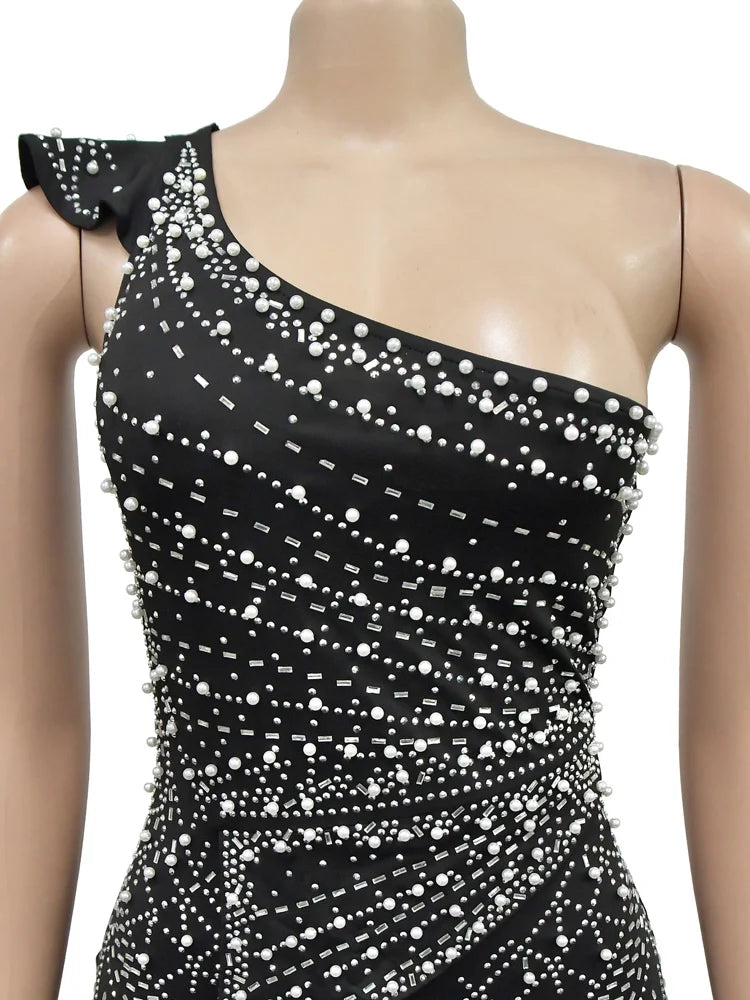 Maxy Kroesen Sexy Crystal Rhinestones Pearls Maxy Dress Women One Shoulder Sleeveless Dress Celebrities Outfits New Year dress
