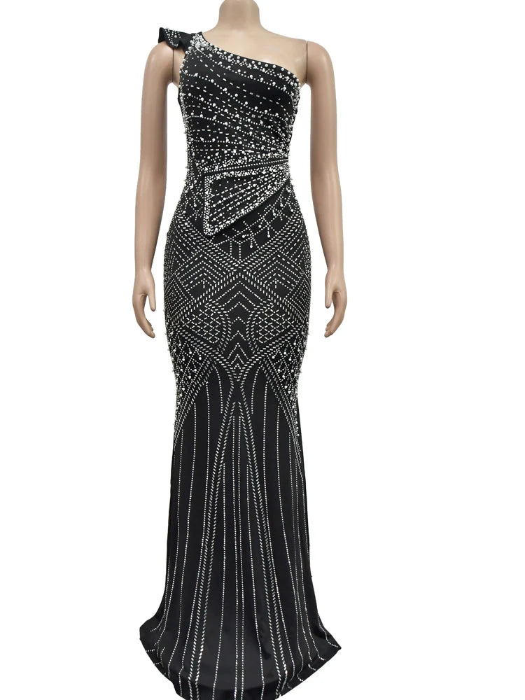 Maxy Kroesen Sexy Crystal Rhinestones Pearls Maxy Dress Women One Shoulder Sleeveless Dress Celebrities Outfits New Year dress