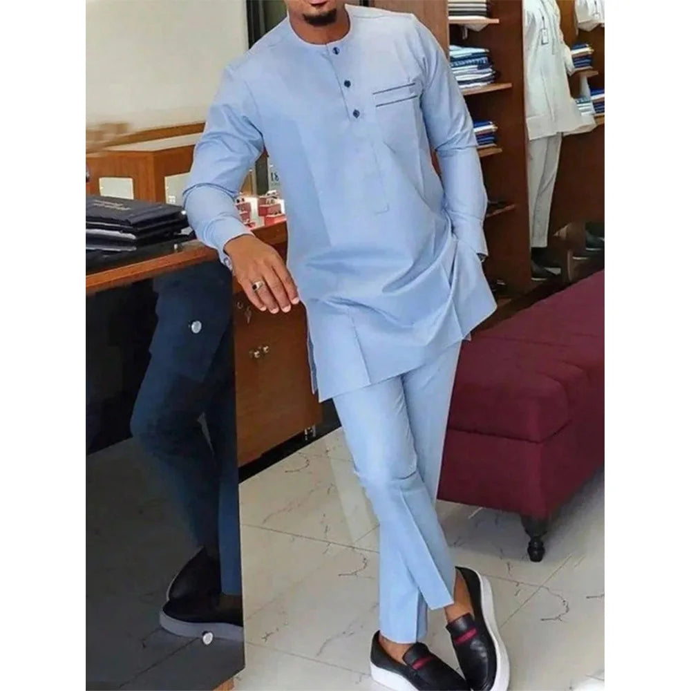 Amay New Kaunda Men's Set Fashionable and Elegant Men's Wedding Set Round Neck Long Sleeve Embroidered Men's Full Set Suit