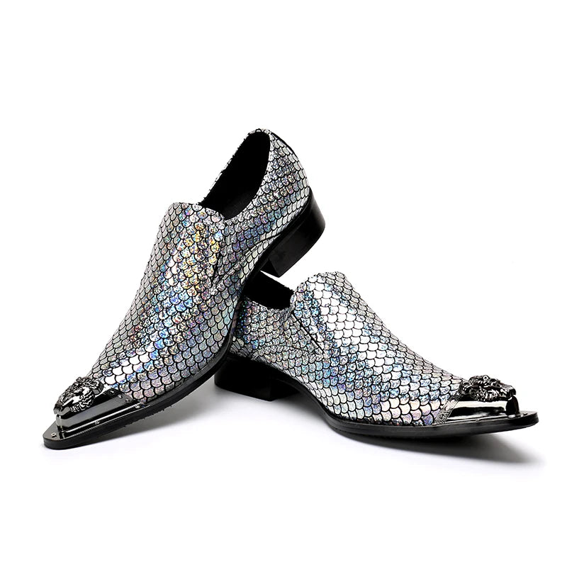 Visco Italy Style Men Shoes Party Shinny Glitter Shoes Men Leather Men Dress Shoes Pointed Metal Toe