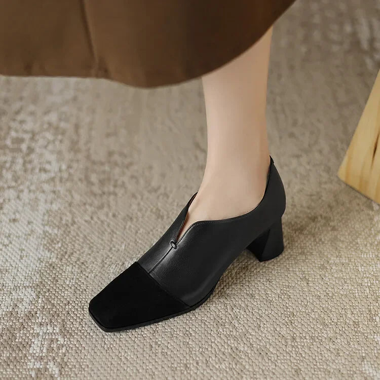 Maxy Autumn Genuine Leather Loafers French Square Toe Chunky Heel High Heels Winter Women Pumps Shoes For Women Zaptos Mujer