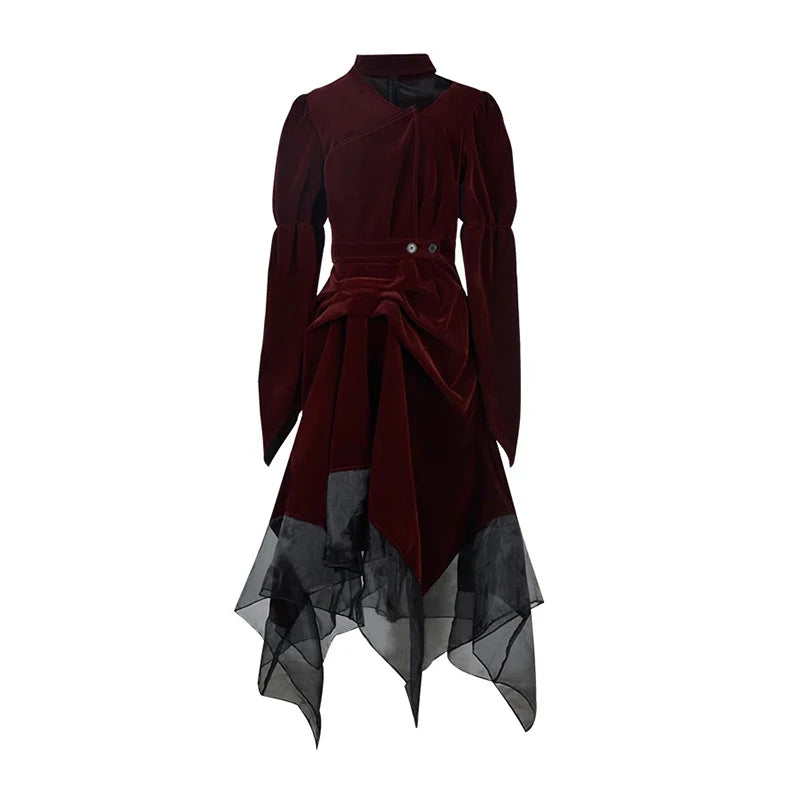 Maxy Women Long Velvet Dress Waist Cincher 2-piece Set Retro Red Cut-out Irregular Hemline Lace Stitch Y2k Goth Party Gown