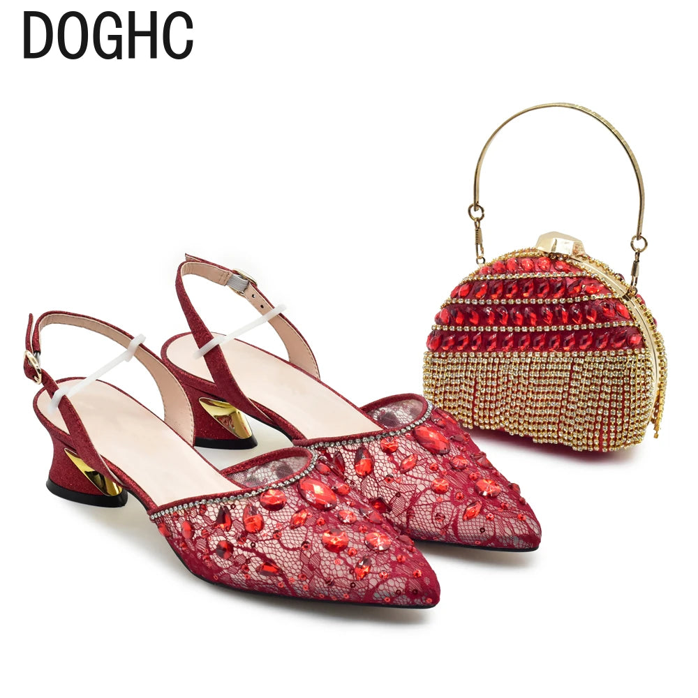 Maxy Red Color Classics Design Women Shoes and Bag Set High Quality with Shinning Crystal for Women Wedding Party