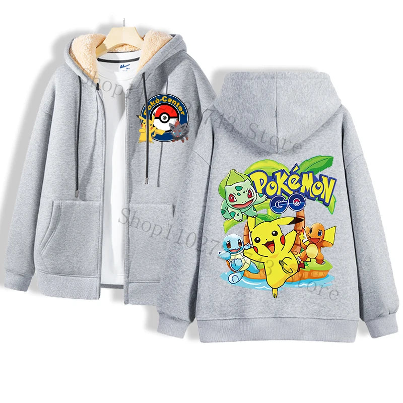 Maxy Pokémon Lamb Wool Coat for Men Women Pikachu Anime Cartoon Fashion Zipper Hooded Jacket Boys Girls Winter Warm Hip Hop Coats