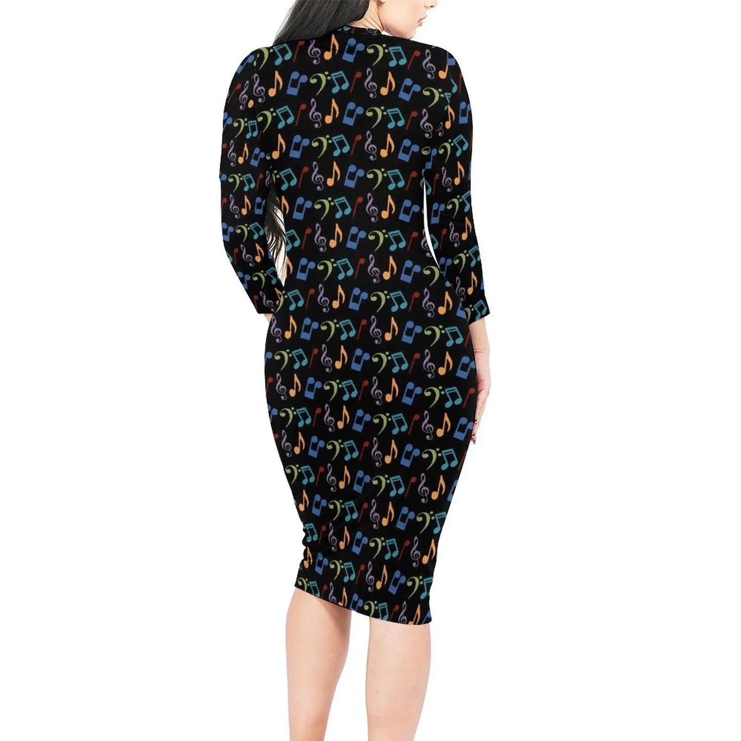 Amay Rainbow Music Notes Dress Long Sleeve Retro Print Kawaii Dresses Autumn Ladies Aesthetic Custom Bodycon Dress 3XL 4XL 5XL
