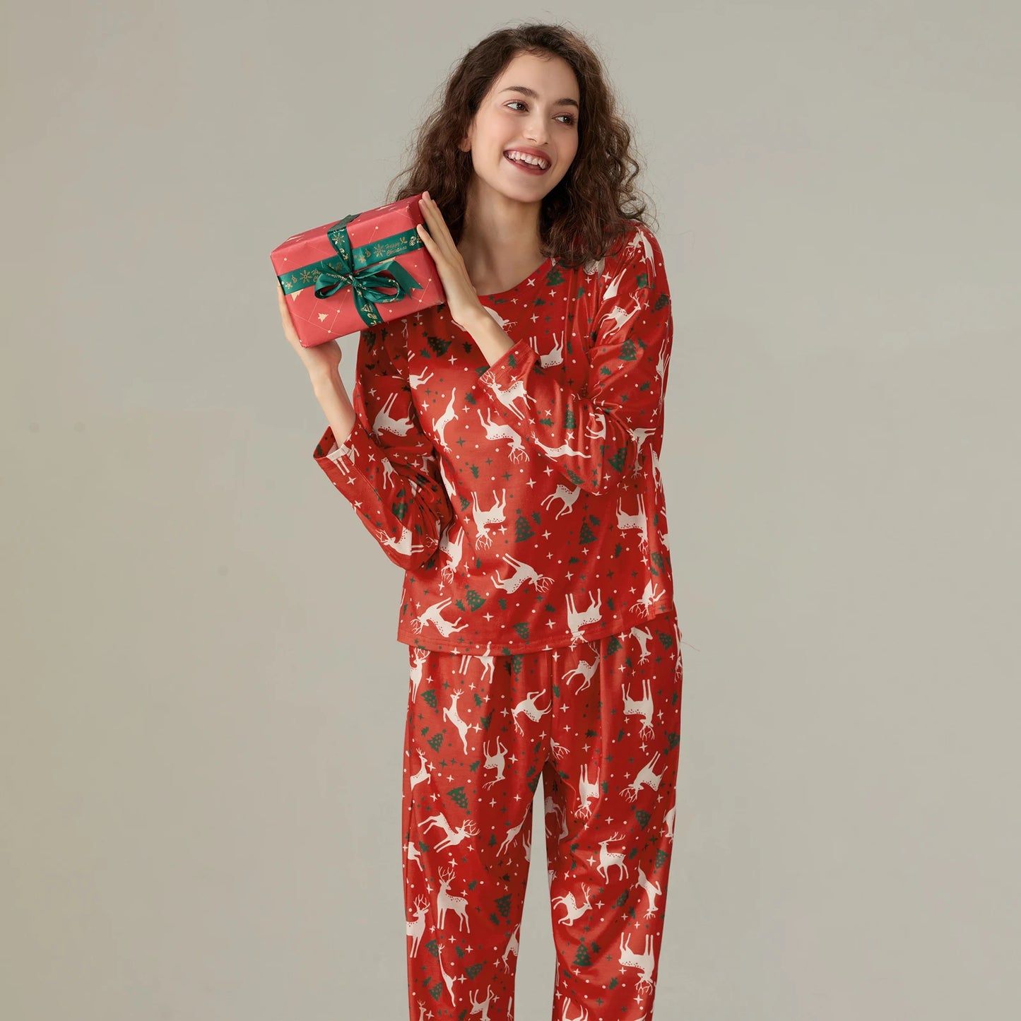 Christmas Pajamas Set for Women Autumn Winter Candy Cane/Elk Print Loungewear Long Sleeves Shirt+Elastic Pants Soft Sleepwear