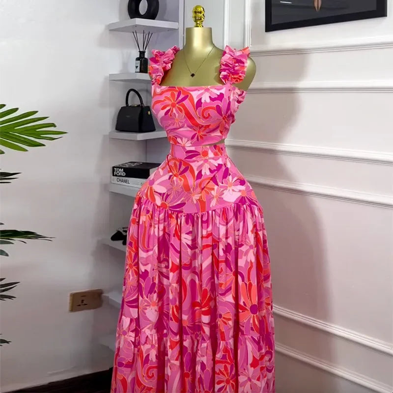 Maxy Skirt Set Women Two Piece Sets Floral Print Dress Sets Sling Short Vest Tops A Line Long Skirts Matching Sets Sexy Elegant Y2k