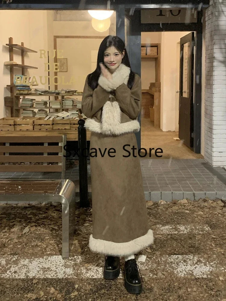 Maxy Winter Faux Fur 2 Piece Skirt Set Women Casual Y2k Clothing Blazers Jacket Coats + Skirts Korean Fashion Suits Kawaii Chic