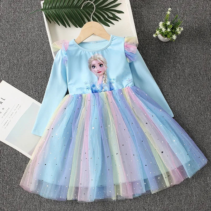 Maxy Disney Elsa Princess Dress Girl Dress Up Spring Autumn Long-sleeve Clothes Kids Gauzed Children Frozen Elsa Birthday Party Dress
