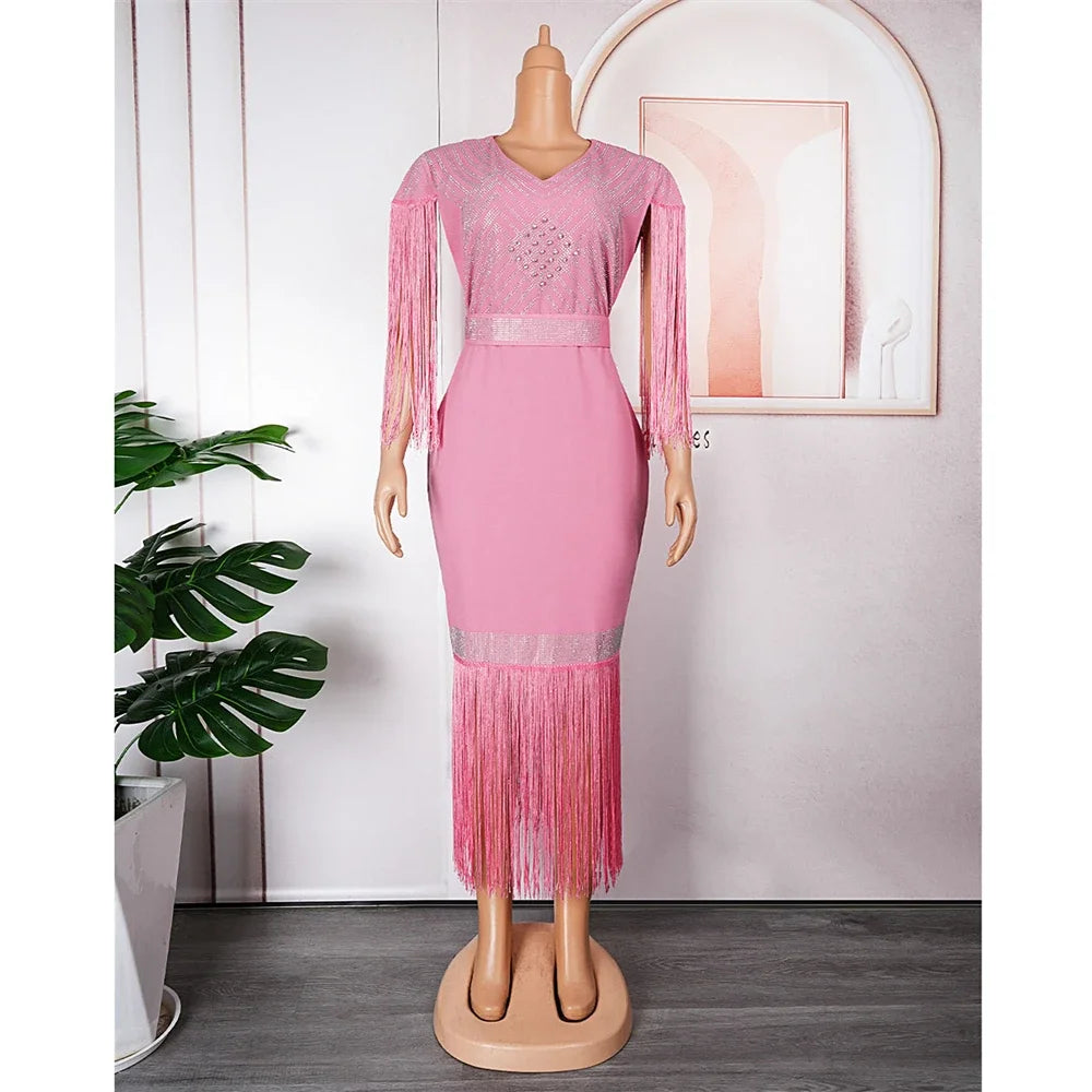 Maxy Plus Size African Party Dresses for Women New Dashiki Diamonds Tassel Ankara Evening Long Gowns Turkey Robe Africa Clothing