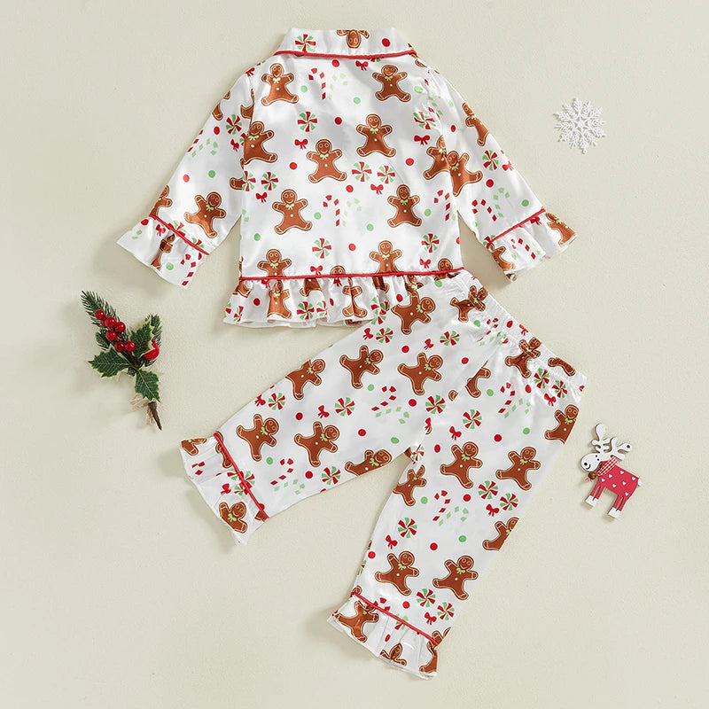 Babs Girl 2Pcs Christmas Pajamas Long Sleeve Gingerbread Print Shirt Pants Set Toddler Sleepwear