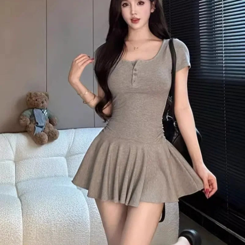 Maxy Short Sleeve Mini Dresses Women Summer Spicy Girls Slimming Pleated Single Breasted Trendy Fashion Ulzzang Casual Daily Female