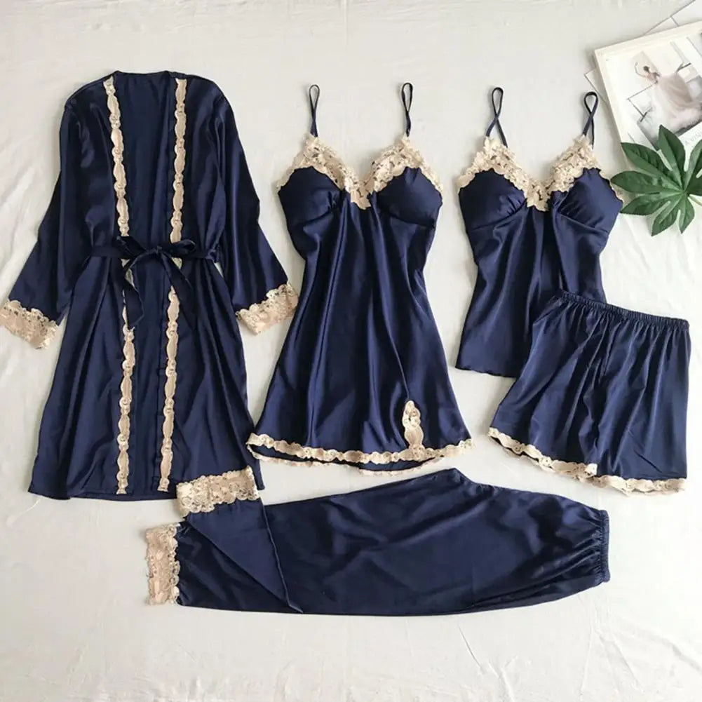 Women Satin Pajamas Elegant Satin Lace Pajama Set with Lace-up Waist 5-piece Nightwear Set for Women Silky Nightgown Shorts Set