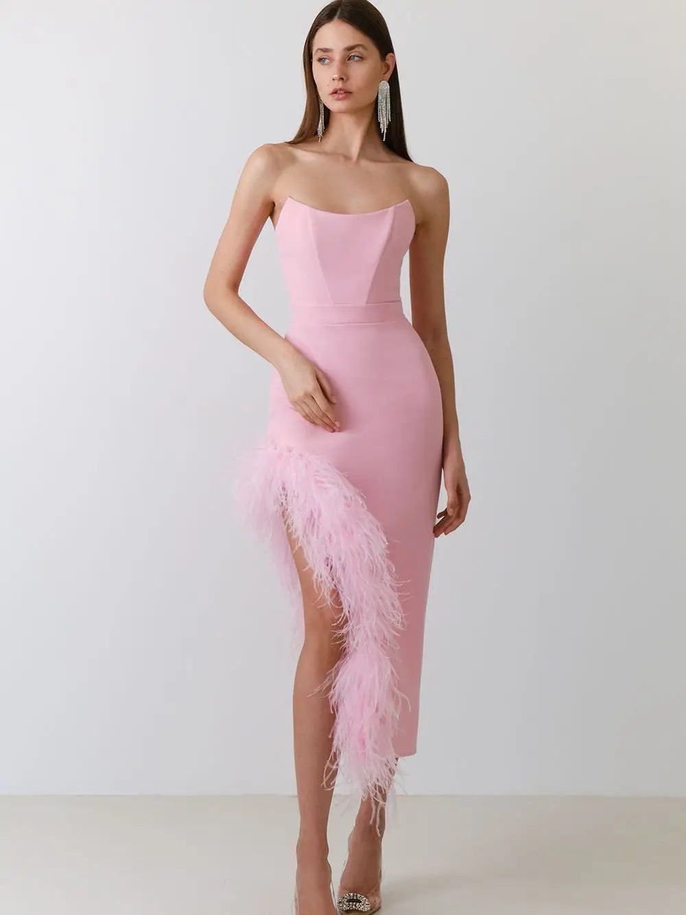 Babs High End Fashion Women Elegant Strapless Open Leg Asymmetric Furry Bandage Dress Celebrity Evening Party Formal Gowns